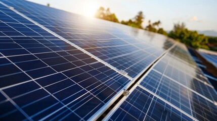 Closeup of solar panels installed on the rooftop of a building utilizing clean and renewable energy to power the entire structure. .