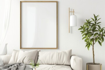 Scandinavian style living room with poster mockup created with generative ai