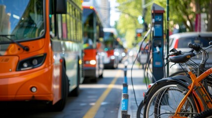 A city street lined with ecofriendly public transportation options including electric buses bike sharing stations and electric car rental services demonstrating a commitment to sustainable .