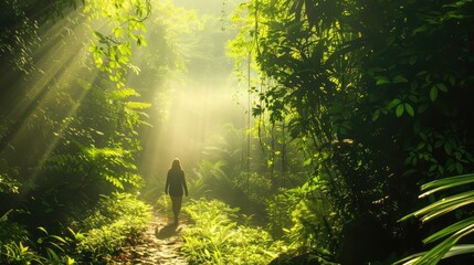 person walking in a lush green forest, appreciating the beauty of nature and advocating for conservation efforts to protect natural habitats and biodiversity. - obrazy, fototapety, plakaty