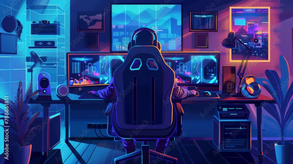 Poster a gaming developer testing ai algorithms, in a cool, minimally decorated studio, styled as gamer mod