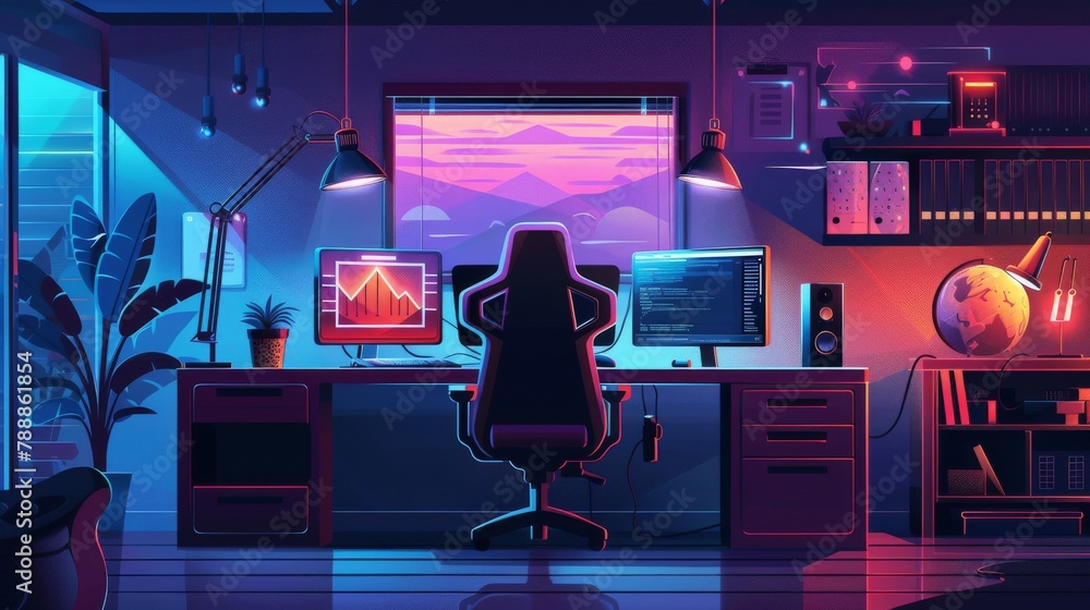 Poster a gaming developer testing ai algorithms, in a cool, minimally decorated studio, styled as gamer mod