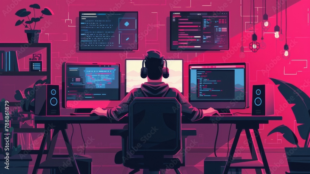 Aufkleber a gaming developer testing ai algorithms, in a cool, minimally decorated studio, styled as gamer mod