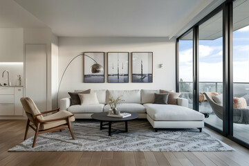 Naklejka na ściany i meble Luxurious condo with spacious living room with balcony.