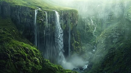 Majestic waterfall cascading down a lush green cliff, surrounded by mist and tranquility