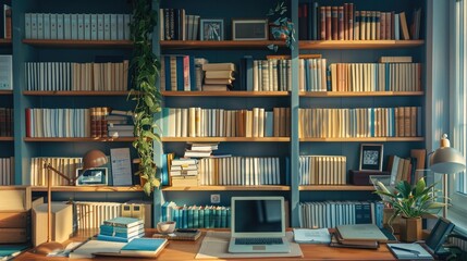 home workspace with shelves filled with books and files, reflecting an organized approach to remote work - Powered by Adobe