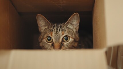 curious cat investigates a cardboard box, a playful smirk suggesting it's found the perfect hiding spot for fun. - obrazy, fototapety, plakaty