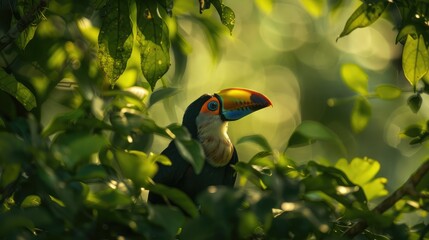 Fototapeta premium curious toucan with its colorful beak exploring the lush green canopy of the rainforest