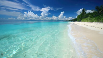 Crystal-clear turquoise waters lapping against powdery white sands, a tropical paradise beckons