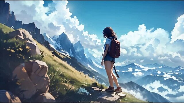 Anime girl trekking alone in the natue. Travel lifestyle. Cute pretty girl with courage backpacking in the mountains. Looking at the horizon. Drawing of a manga, cartoon character. Lofi girl walking.