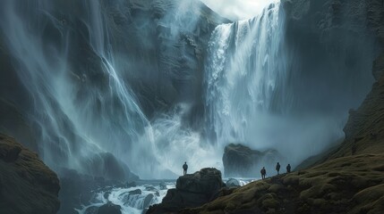 Adventurous hikers standing in awe at the base of a towering waterfall, feeling the rush of nature's force
