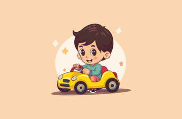 Cute boys playing with cars vector Logo Mascot design