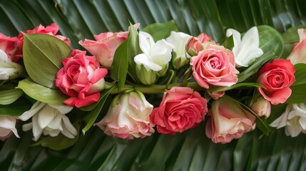 On Mother s Day a delightful garland of fresh jasmine and roses carefully arranged on a banana leaf...