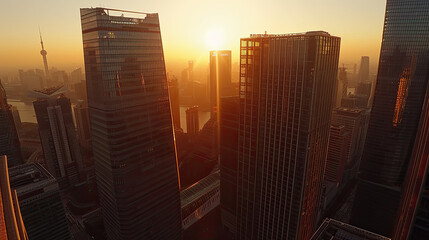 Fototapeta na wymiar skycrapers tower with A sun set drone Aerial shot of skyscrapers of business centre