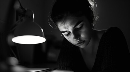 A black and white portrait of a person illuminated by a single desk lamp their eyes closed in...
