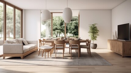 Stylish and botany interior of dining room with design craft wooden table