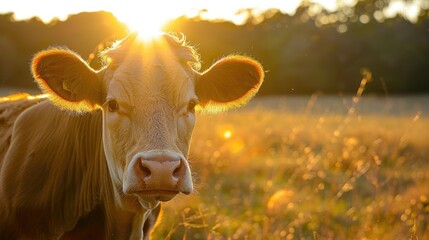 A captivating image featuring a cow in a sunlit field with a beautiful yellow lens flare in the background