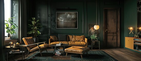 Apartment interior featuring dark green walls, Scandinavian wooden furniture, and stylish black and gold decor. - obrazy, fototapety, plakaty
