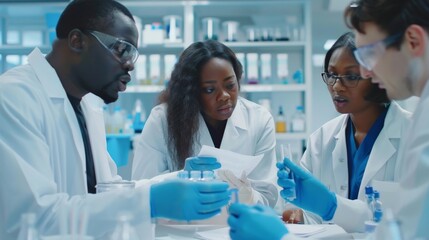 A group of three lab technicians of various ethnicities discussing in a white clinical lab. They wear white lab coats and blue gloves, focused on a shared document. - Powered by Adobe