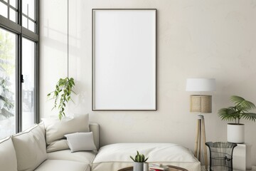 Scandinavian style living room with poster mockup created with generative ai