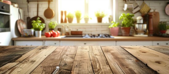 A wooden table surface is shown above kitchen tools, creating a blurred backdrop for product showcasing.