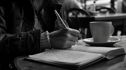 Seated at a cafe table a person scribbles furiously in a notebook their eyes shining with excitement as they bring their characters to life on paper their imagination running wild .