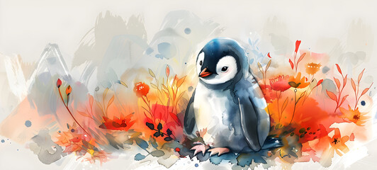 A watercolor illustration of a cute baby penguin surrounded by floral elements, perfect for nursery decor, baby shower invitations, or children's book illustration.
