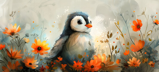 A cute baby penguin in a watercolor floral setting, perfect for nursery decoration and wildlife-themed artwork.