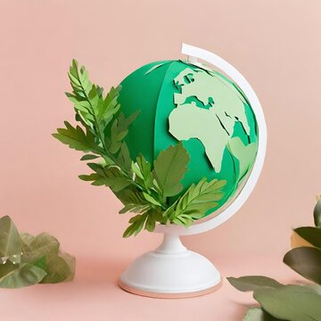 A paper globe encircled by paper plants.





