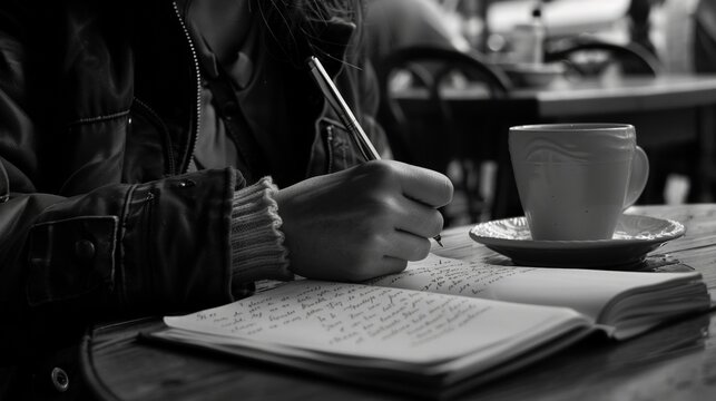 Seated at a cafe table a person scribbles furiously in a notebook their eyes shining with excitement as they bring their characters to life on paper their imagination running wild .