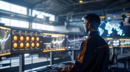 A logistics manager optimizing routes using AI, in a streamlined control room, styled as industrial chic.