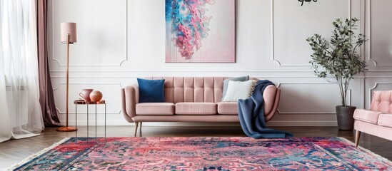 Pink and blue patterned carpet in a living room decorated with a sofa placed against a white wall adorned with a painting.