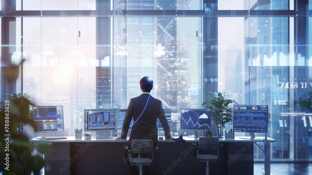 Poster a meteorologist predicting weather with ai, in a bright, clean forecasting office, styled as modern 