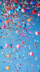 Colorful balloons and confetti on blue background