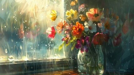 A bouquet of vibrant spring flowers sits in a jar basking in the gentle light filtering through a rain speckled window
