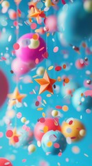 Colorful balloons with confetti and stars on a blue background