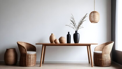 Minimal Scandinavian contemporary wooden table. Wicker, candles, vase, 