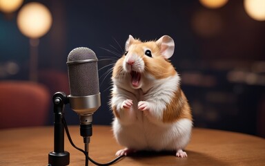 hamster sings karaoke into vintage microphone screaming into microphone - obrazy, fototapety, plakaty