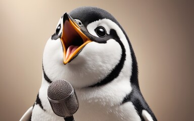 funny penguin sings karaoke into vintage microphone screaming into microphone - obrazy, fototapety, plakaty