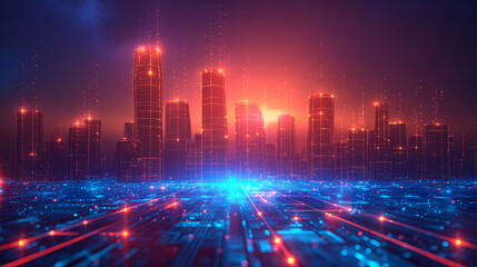 front view of a laptop, city built on the laptop and background, in the style of blue and black, technology, sci-fi style, modern city, cyberpunk.