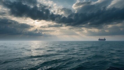 Obraz premium Lonely cargo ship on a vast ocean horizon