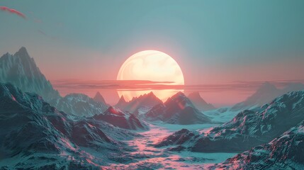 Futuristic digital render with surreal cyber landscape and big sun.
