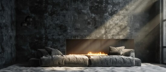 A gray velour sofa is surrounded by bright light coming from an artificial fireplace in a dark room with concrete walls, typical of a loft interior. - obrazy, fototapety, plakaty