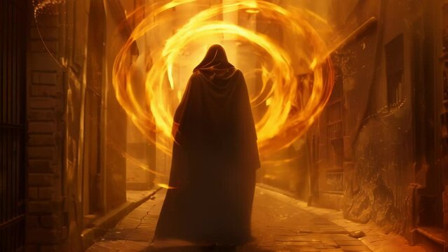 Shadowy figure draped in eerie robes stands within a blazing circular inferno, akin to a gatekeeper guarding a portal to another dimension. 