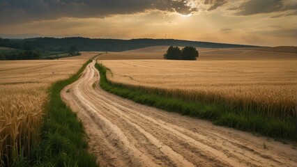 Obraz premium Path cutting through a golden wheat field under blue sky
