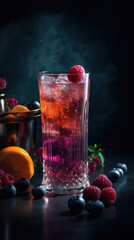 Alcoholic cocktail with raspberries and blueberries on a black background