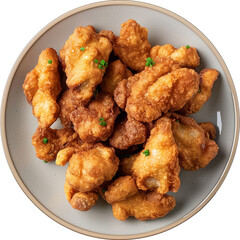 Fried chicken karaage on a ceramic plate isolated. Top view.