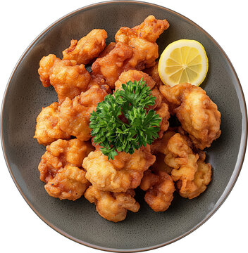 Fried chicken karaage on a ceramic plate isolated. Top view.