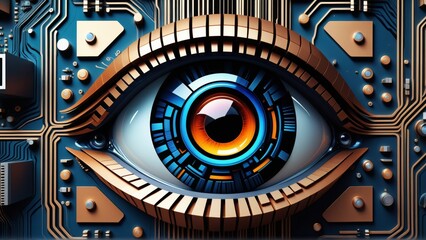 Cyber security concept. Eye in the center of the circuit board.