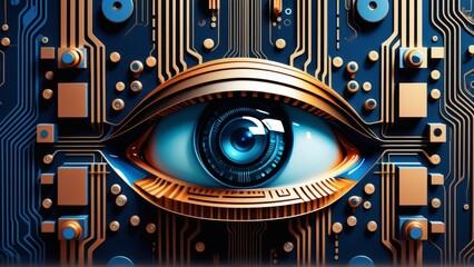 Cyber security concept. Eye in the center of the circuit board.